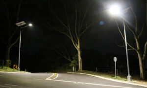 Lighted solar street lights on street at night