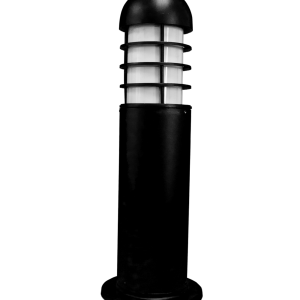 Frosted round LED bollard light, black finish, modern outdoor lighting.