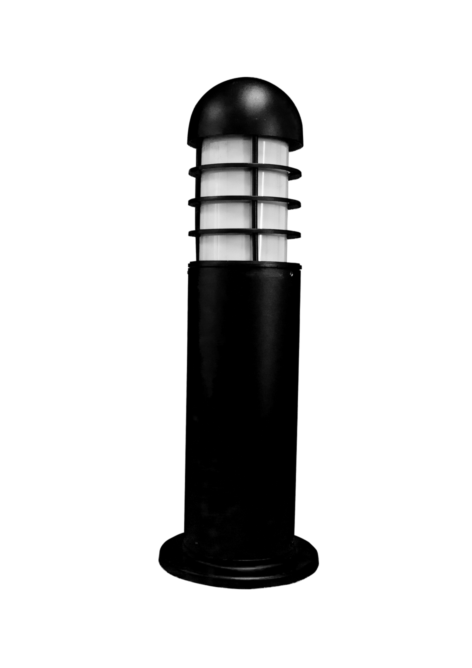 Frosted round LED bollard light, black finish, modern outdoor lighting.