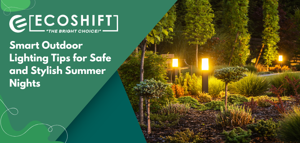 Garden with LED outdoor lights at night.