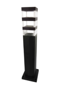 Modern black LED bollard light with a square base and layered design, ideal for pathways and outdoor landscapes.