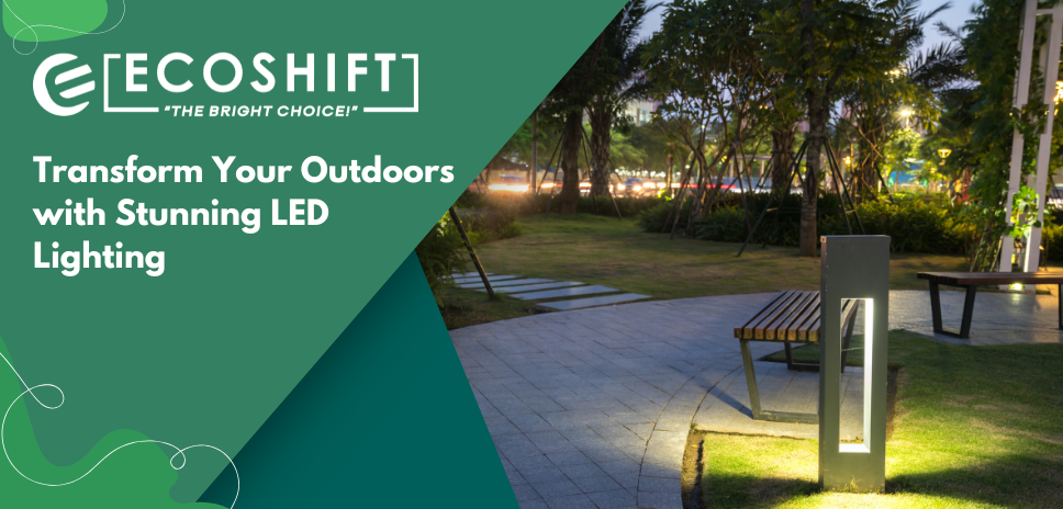 A garden LED light illuminating an outdoor setting.